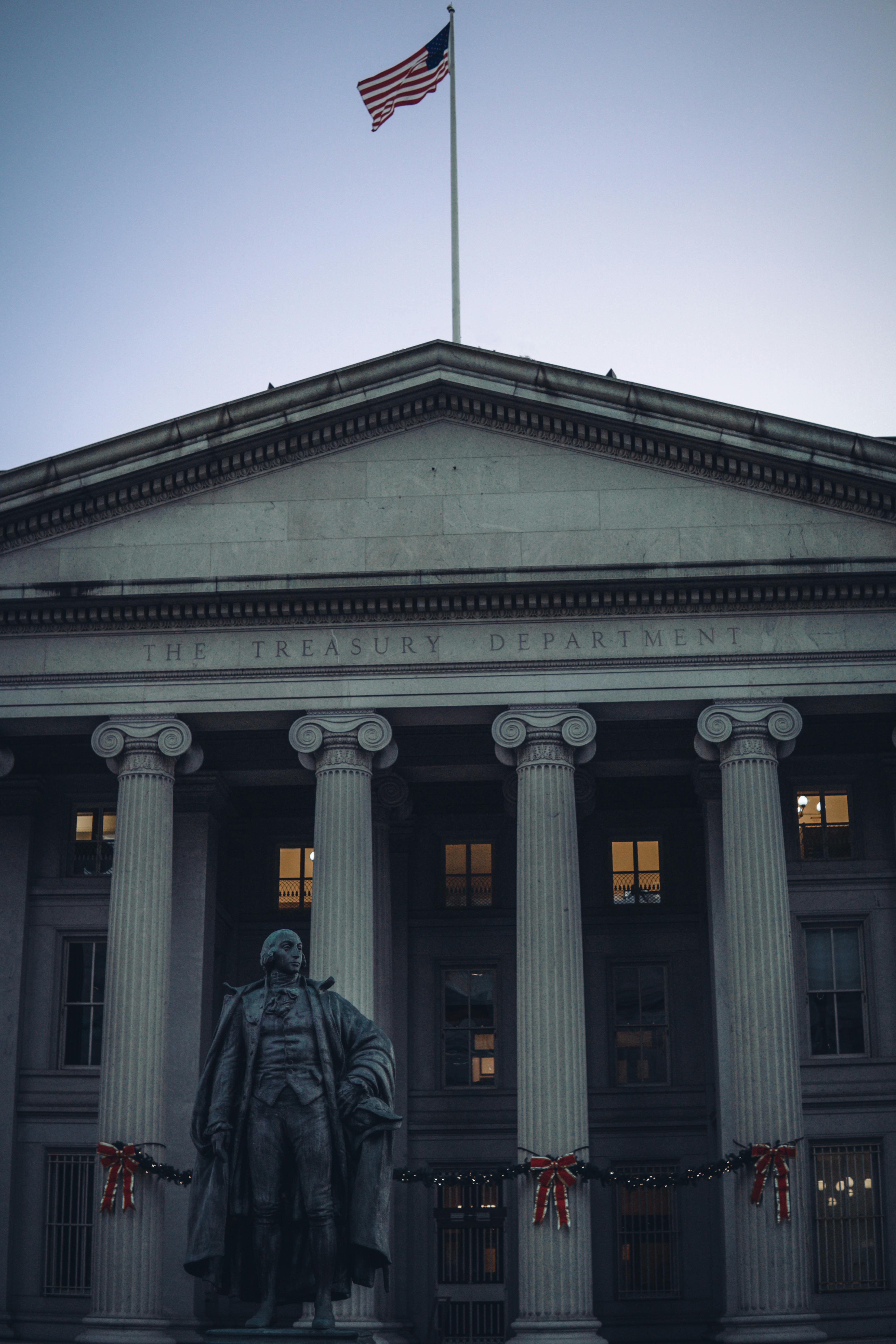 Neoclassical facade of the US Treasury Department in Washington at dusk