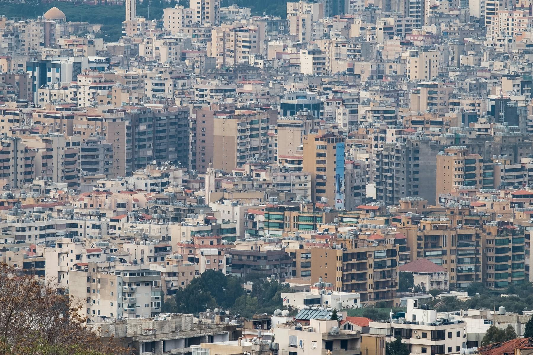 Densely packed residential buildings in Beirut's southern suburbs along the Mediterranean coast