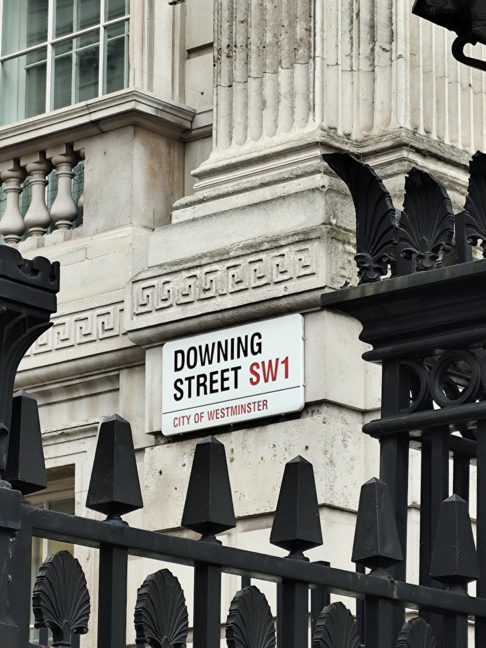 Downing Street SW1 sign in Westminster, London